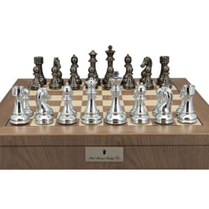 Dal Rossi Italy Silver and Black Weight Chess pieces110mm Chessmen on a Walnut Inlaid Chess Box with Compartments 20"