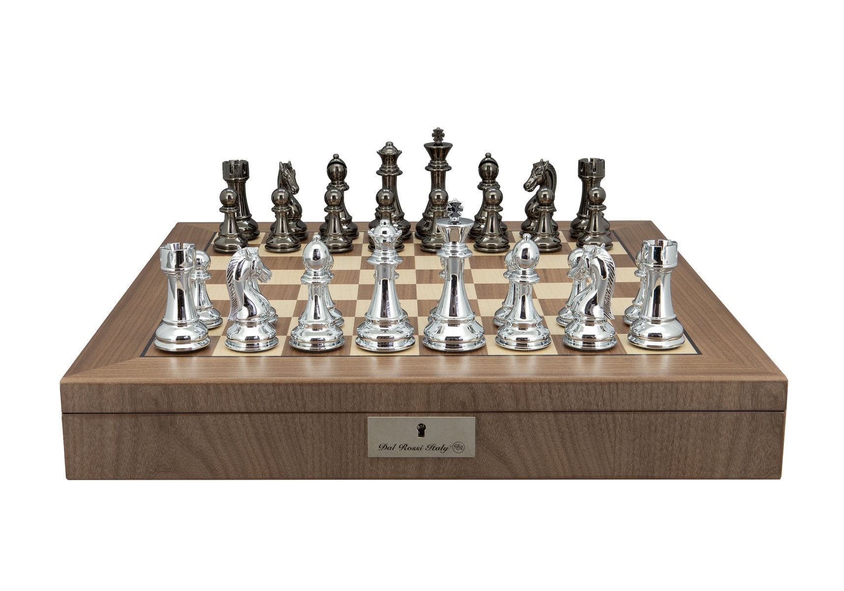 Dal Rossi Italy Silver and Black Weight  Chess pieces110mm Chessmen on a Walnut Inlaid Chess Box with Compartments 20"