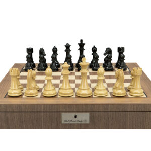 Dal Rossi Italy Black Ebony & Wood Grain Finish Weight pieces110mm Chessmen on a Walnut Inlaid Chess Box with Compartments 20"