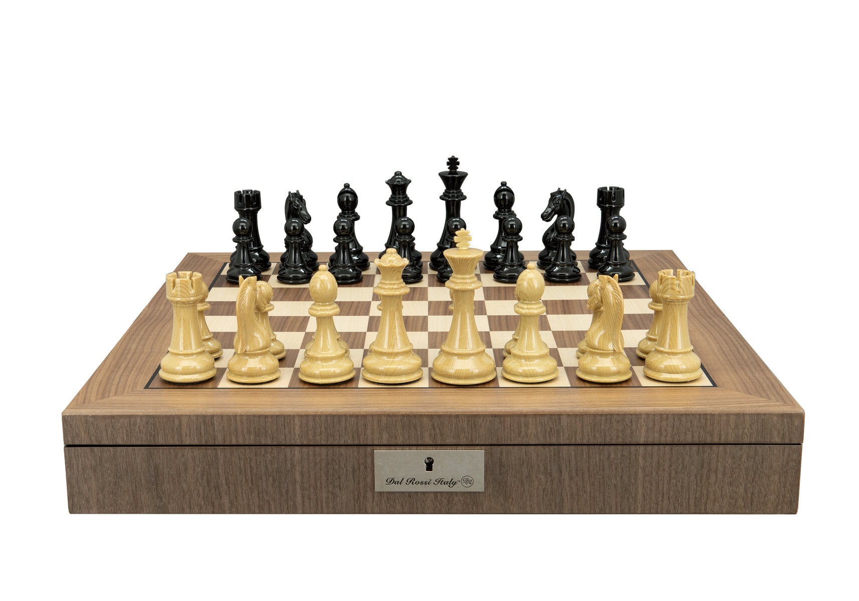 Dal Rossi Italy Black Ebony & Wood Grain Finish Weight  pieces110mm Chessmen on a Walnut Inlaid Chess Box with Compartments 20"