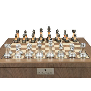 Dal Rossi Italy, Staunton Metal/Marble Finish Chessmen on a Walnut Inlaid Chess Box with Compartments 20"