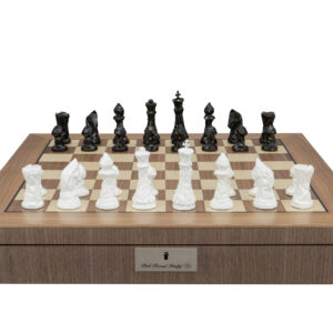 Dal Rossi Diamond-Cut Black & White Chessmen on a Walnut Inlaid Chess Box with Compartments 20"