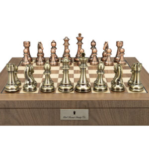 Dal Rossi Italy Bronze and Copper Weight Chess pieces110mm Chessmen on a Walnut Inlaid Chess Box with Compartments 20"