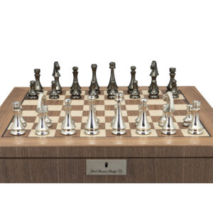 Dal Rossi Italy Metal Dark Titanium and Silver 85mm Chessmen on a Walnut Inlaid Chess Box with Compartments 20"