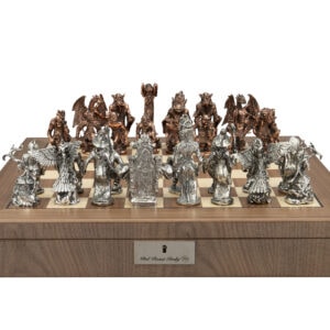 Dal Rossi Good and Evil Chessmen on a Walnut Inlaid Chess Box with Compartments 20"