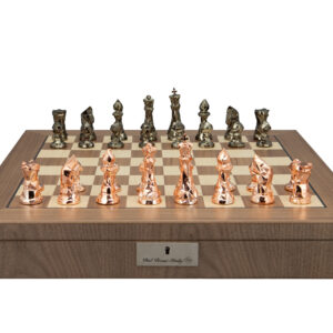 Dal Rossi Diamond-Cut Copper & Bronze Chessmen on a Walnut Inlaid Chess Box with Compartments 20"