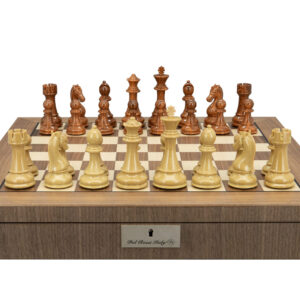 Dal Rossi Italy Brown and Box Wood Grain Finish 110mm Chessmen on a Walnut Inlaid Chess Box with Compartments 20"