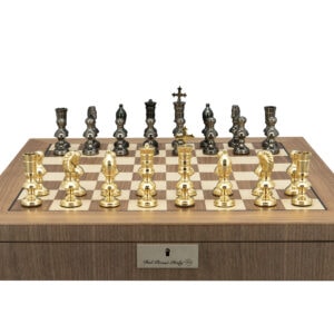 Dal Rossi Italy Metal Dark Titanium and Gold 110mm Chessmen on a Walnut Inlaid Chess Box with Compartments 20"