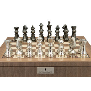 Dal Rossi Italy Metal Dark Titanium and Silver 115mm Chessmen on a Walnut Inlaid Chess Box with Compartments 20"