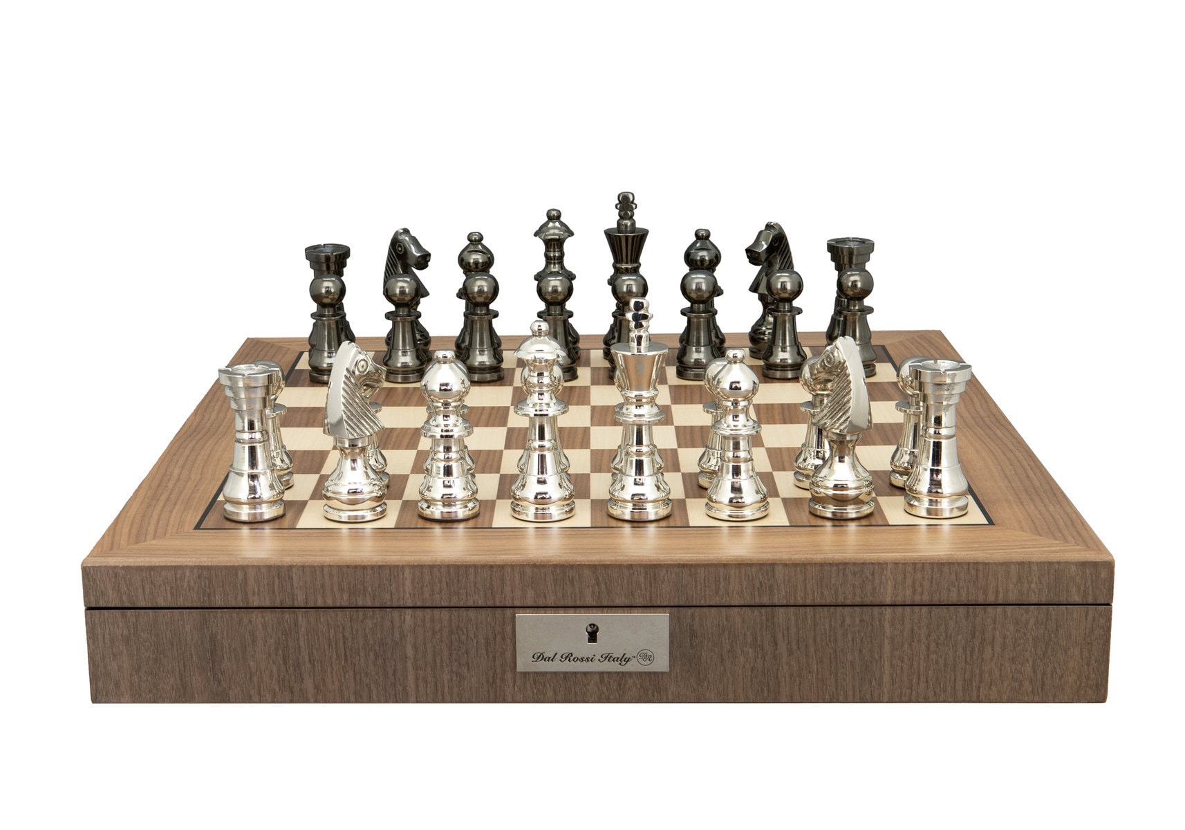 Dal Rossi Italy Metal Dark Titanium and Silver 115mm Chessmen on a Walnut Inlaid Chess Box with Compartments 20"