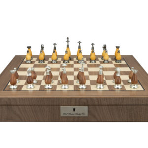 Dal Rossi Italy, Staunton Metal/Wood Chessmen on a Walnut Inlaid Chess Box with Compartments 20"