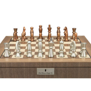 Dal Rossi Italy, Metal Copper and Silver Chessmen on a Walnut Inlaid Chess Box with Compartments 20"