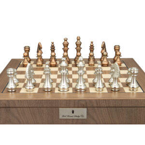 Dal Rossi Italy, Metal Copper and Silver Chessmen on a Walnut Inlaid Chess Box with Compartments 20"