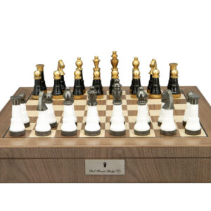Dal Rossi Italy, Black and White with Gold and Gun Metal Tops and Bottoms Chessmen 110mm on a Walnut Inlaid Chess Box with Compartments 20"