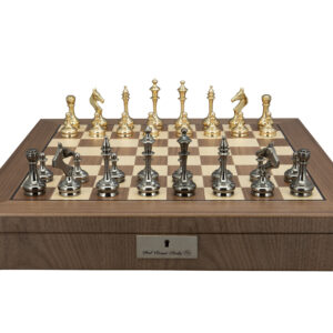 Dal Rossi Italy, Metal Staunton Brass Titanium Cap Chessmen on a Walnut Inlaid Chess Box with Compartments 20"