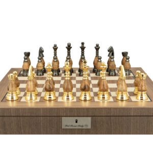 Dal Rossi Italy, Staunton Metal and Wood Gold 100mm Chessmen on a Walnut Inlaid Chess Box with Compartments 20"