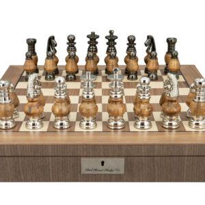 Dal Rossi Italy, Staunton Large Metal and Wood Chessmen on a Walnut Inlaid Chess Box with Compartments 20"