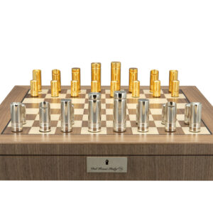 Dal Rossi Italy, Modern Gold and Silver Chessmen 75mm Chessmen on a Walnut Inlaid Chess Box with Compartments 20"