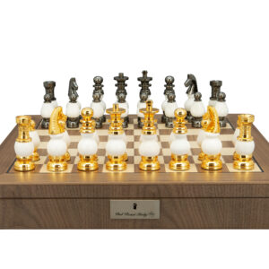 Dal Rossi Italy, White Stone and Gold Chessmen 100mm Chessmen on a Walnut Inlaid Chess Box with Compartments 20"
