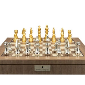 Dal Rossi Italy, Staunton Silver and GOLD Chessmen 100mm Chessmen on a Walnut Inlaid Chess Box with Compartments 20"