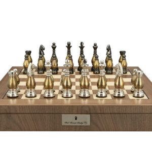 Dal Rossi Italy, Metal light gold plated Chessmen 100mm Chessmen on a Walnut Inlaid Chess Box with Compartments 20"