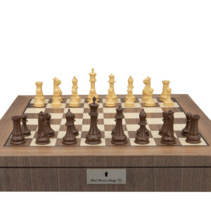 Dal Rossi Italy, Queen's Gambit Style Chess Pieces 90mm Chessmen on a Walnut Inlaid Chess Box with Compartments 20"