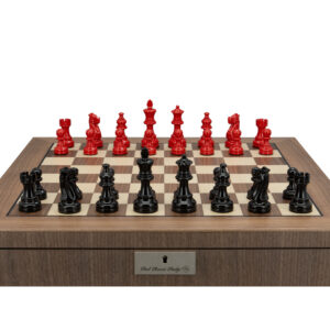 Dal Rossi Italy, Staunton Black and Red Double Weighted Chessmen on a Walnut Inlaid Chess Box with Compartments 20"
