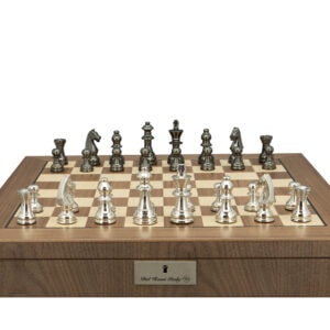 Dal Rossi Italy, Staunton Black Nickel & Silver 80mm Chessmen on a Walnut Inlaid Chess Box with Compartments 20"