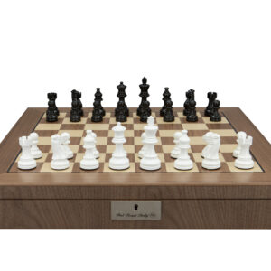 Dal Rossi Italy, Staunton Black and White Double Weighted Chessmen on a Walnut Inlaid Chess Box with Compartments 20"