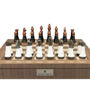 Dal Rossi Italy, Black and White with Copper and Gun Metal Gray Tops and Bottoms Chessmen 110mm on a Walnut Inlaid Chess Box with Compartments 20"