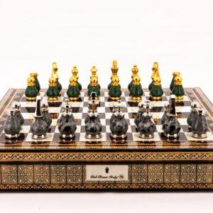 Dal Rossi Italy Chess Set Mosaic Finish 20″ With Compartments, With Gray and Green Gold and Silver Metal Tops and Bottoms Chess Pieces 90mm
