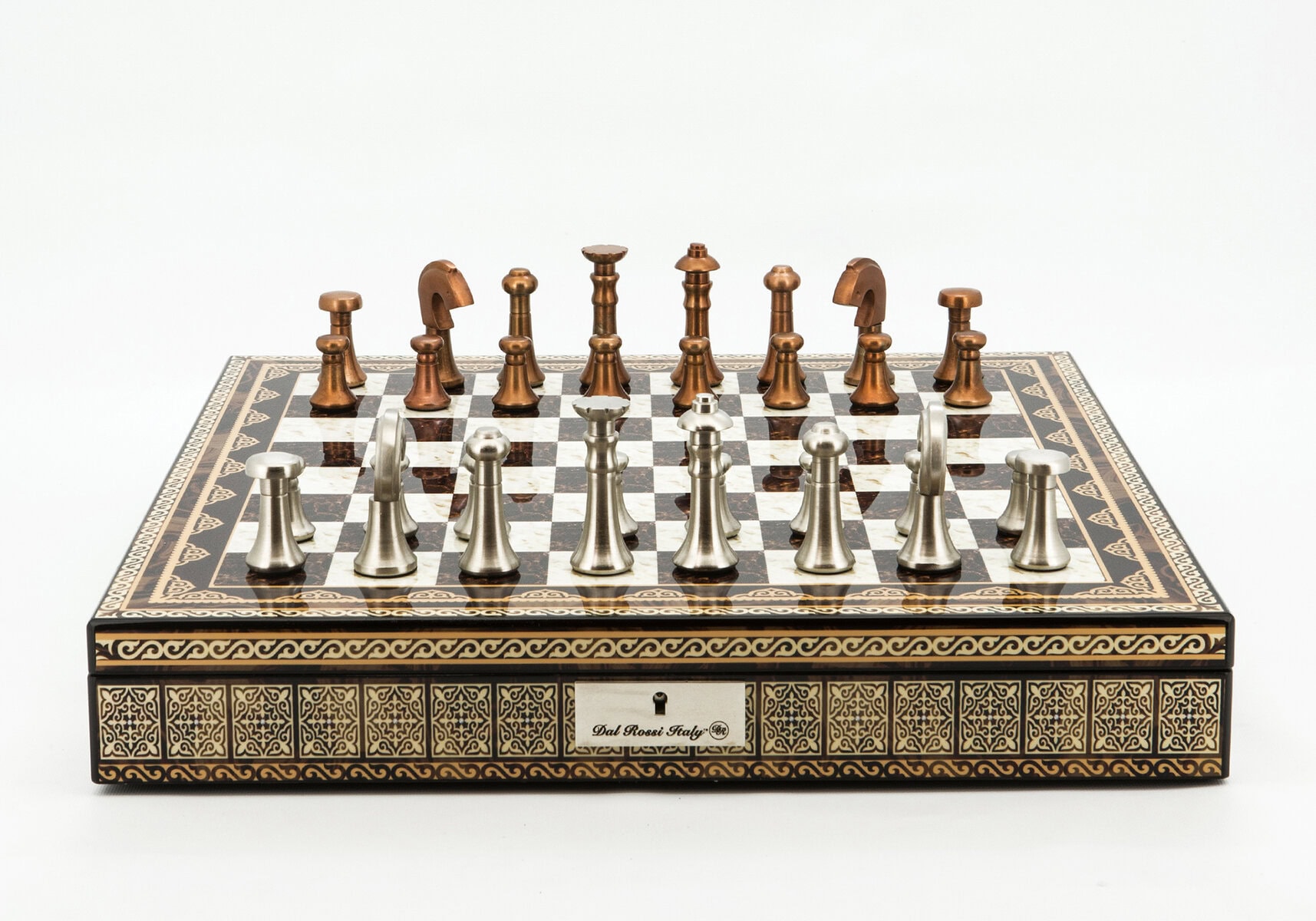 Dal Rossi Italy Chess Set Mosaic Shinny Finish 20″ With Compartments, With Metal Copper and silver Chessmen 80mm