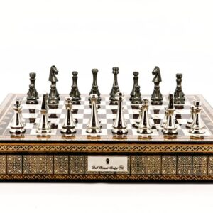 Dal Rossi Italy Chess Set Mosaic Shinny Finish 20″ With Compartments, With Metal Dark Titanium and Silver chessmen 85mm