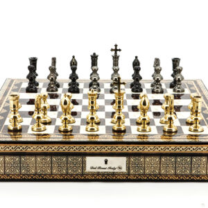 Dal Rossi Italy Chess Set Mosaic Shinny Finish 20″ With Compartments, With Metal Dark Titanium and Gold Chessmen 110mmm
