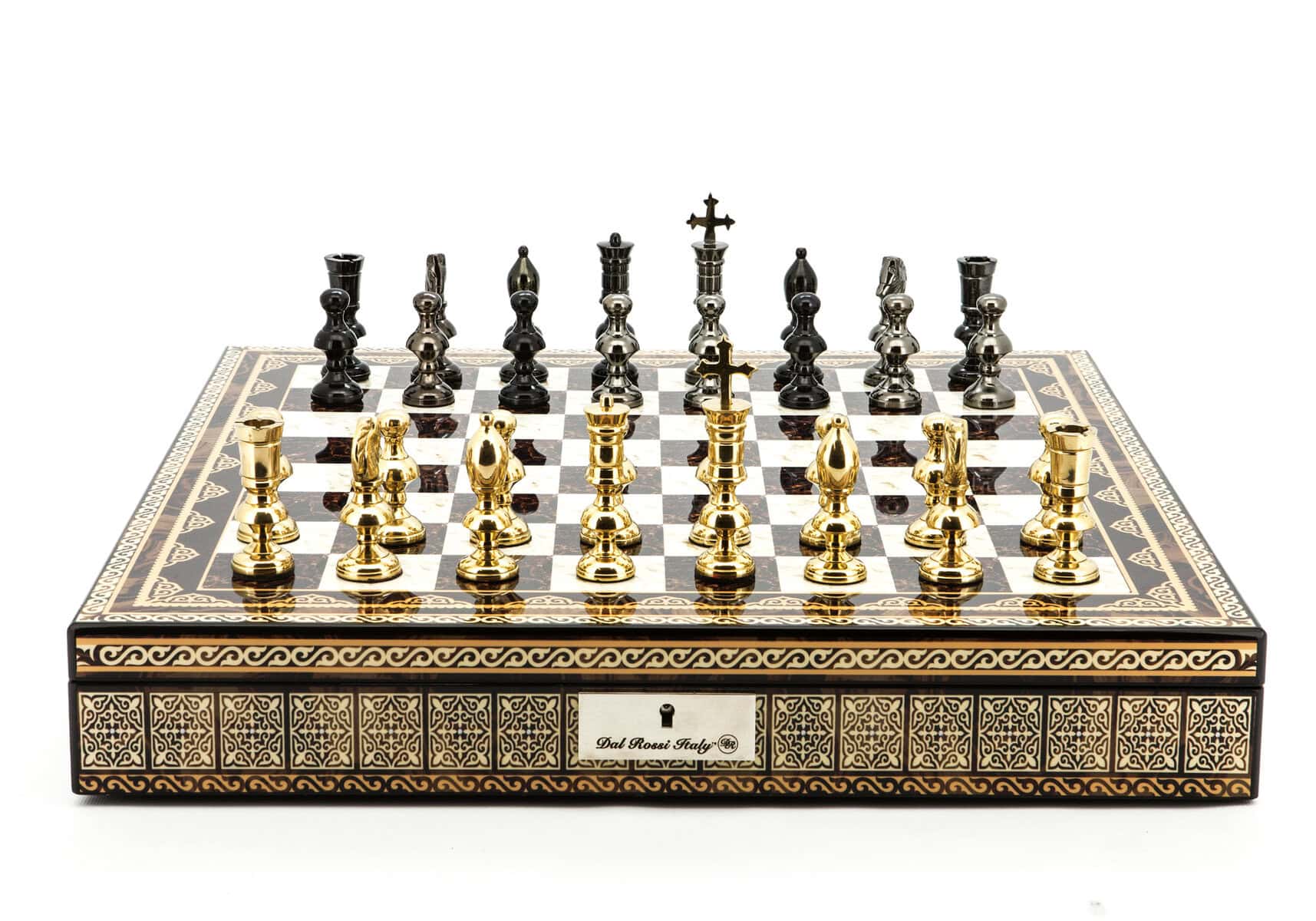 Dal Rossi Italy Chess Set Mosaic Shinny Finish 20″ With Compartments, With Metal Dark Titanium and Gold Chessmen 110mmm
