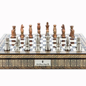 Dal Rossi Italy Chess Set Mosaic Shinny Finish 20″ With Compartments, With Copper & Silver Weighted Metal Chess Pieces 85mm pieces