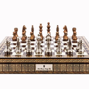 Dal Rossi Italy Chess Set Mosaic Finish 20″ With Compartments, With Copper & Silver Weighted Metal Chess Pieces 100mm