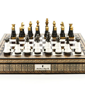 Dal Rossi Italy Chess Set Mosaic Shinny Finish 20″ With Compartments, With Black and White with Gold and Gun Metal Tops and Bottoms Chessmen 110mm