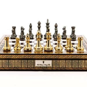 Dal Rossi Italy Chess Set Mosaic Shinny Finish 20″ With Compartments, With Very Heavy Brass Staunton Gold and Silver chessmen 110mm