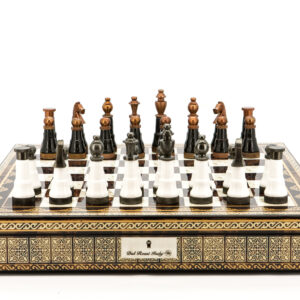 Dal Rossi Italy Chess Set Mosaic Finish 20″ With Compartments, With Black and White with Copper and Gun Metal Gray Tops and Bottoms Chess Pieces 110mm