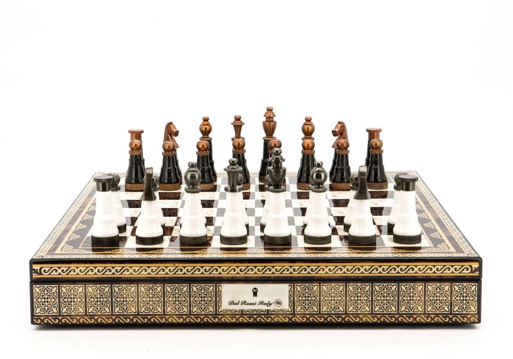 Dal Rossi Italy Chess Set Mosaic Finish 20″ With Compartments, With Black and White with Copper and Gun Metal Gray Tops and Bottoms Chess Pieces 110mm