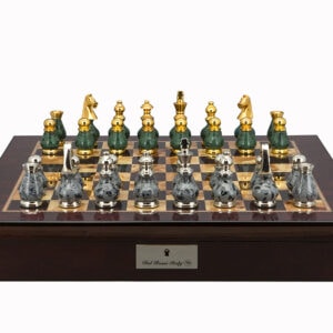 Dal Rossi Italy Chess Set Mahogany Shinny Finish 20″ With Compartments, With Gray and Green Gold and Silver Metal Tops and Bottoms Chess Pieces 90mm