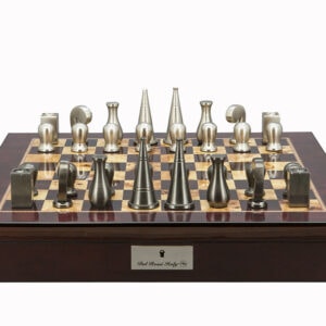 Dal Rossi Italy Chess Set Mahogany Finish 20″ With Compartments, With Metal Dark Titanium and Silver 90mm Chessmen