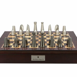 Dal Rossi Italy Chess Set Mahogany Shinny Finish 20″ With Compartments, With Metal Dark Titanium and Silver chessmen 85mm
