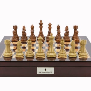 Dal Rossi Italy Chess Set Mahogany Shinny Finish 20″ With Compartments, Brown and Box Wood Grain Finish 110mm Chess Pieces