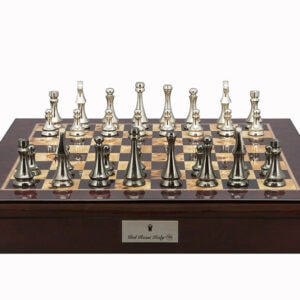 Dal Rossi Italy Chess Set Mahogany Shinny Finish 20″ With Compartments, With Metal Dark Titanium and Silver chessmen 85mm
