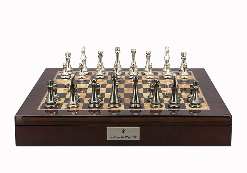 Dal Rossi Italy Chess Set Mahogany Shinny Finish 20″ With Compartments, With Metal Dark Titanium and Silver chessmen 85mm