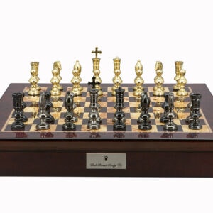 Dal Rossi Italy Chess Set Mahogany Shinny Finish 20″ With Compartments, With Metal Dark Titanium and Gold Chessmen 110mm