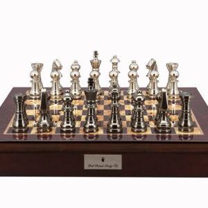 Dal Rossi Italy Chess Set Mahogany Shinny Finish 20″ With Compartments, With Metal Dark Titanium and Silver chessmen 115mm