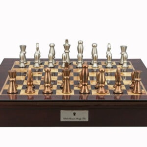 Dal Rossi Italy Chess Set Mahogany Shinny Finish 20″ With Compartments, With Copper & Silver Weighted Metal Chess Pieces 85mm pieces